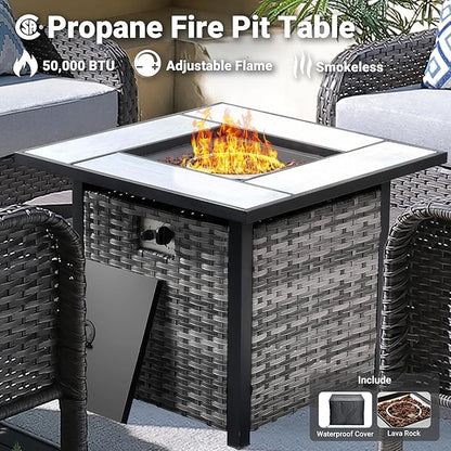 ovios 4 Pieces Patio Furniture Set with 30" Fire Pit Table, Outdoor Wicker Chairs of 4, All Weather High Back Rattan Chairs 4-Seater with Comfy Cushions, Grey