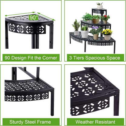 3 Tier Plant Stand Semi-Circular Flower Pot Organizer Rack Quarter Round Plant Display Holder Outdoor Storage Shelves Metal Corner Shelf Planter Shelving Ladder Plant Stand for Indoor Use(Black)