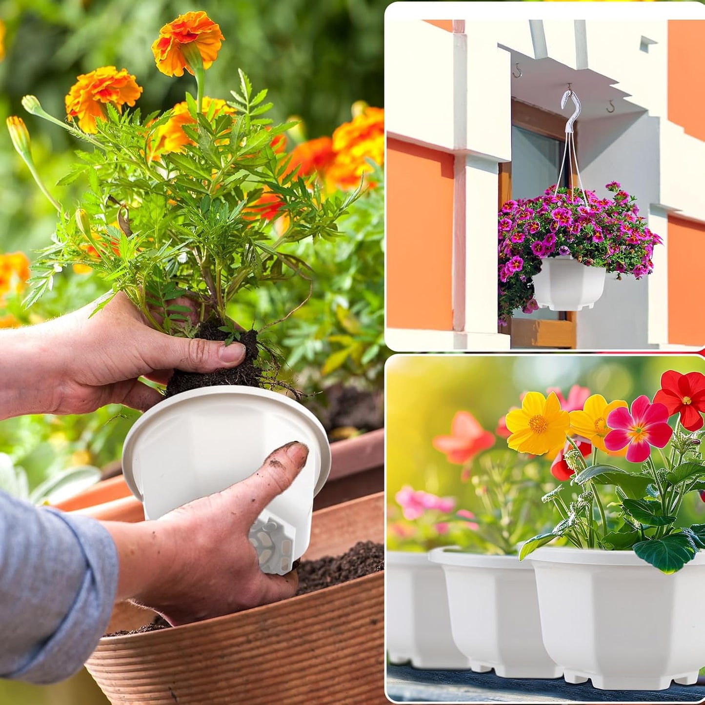 Roshtia 24 Pcs Hanging Plastic Planter Pot with Hook Flower Pots Baskets Hanging Nursery Planter Holder for Outdoor Indoor Plant Garden (Ceramic White,5 Inch)