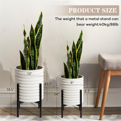 Oakrain Plants Pots with Stand, Set of 2 Indoor Planter Pots, Mid-Century Decorative Metal Flower Pots with Drainage for Living Room, Office, Garden, Balcony, 8"&10", White