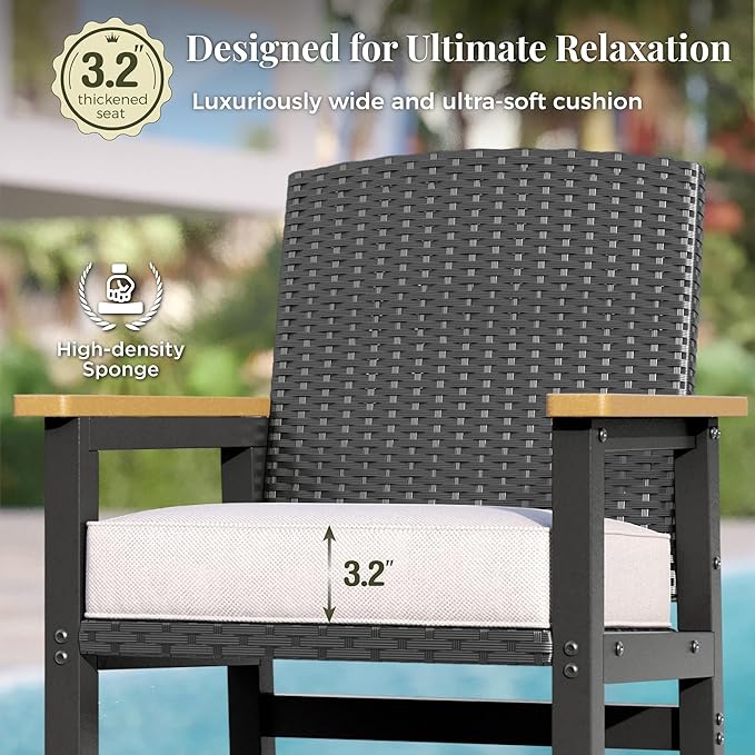3 Pieces Outdoor Bar Set, All-Weather Bistro Table and 2 Bar Stools with Wicker Backrest and Comfy Cushion, Outdoor Patio Bistro Height Table and Chairs Sets, for Deck, Backyard and Garden
