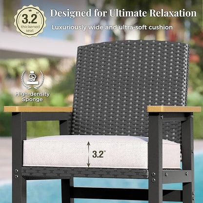 3 Pieces Outdoor Bar Set, All-Weather Bistro Table and 2 Bar Stools with Wicker Backrest and Comfy Cushion, Outdoor Patio Bistro Height Table and Chairs Sets, for Deck, Backyard and Garden