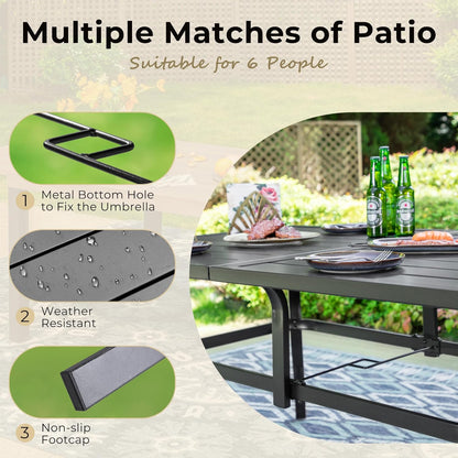Outdoor Patio Dining Table for 6, 60" x 37" Rectangular Metal Patio Dining Table with Umbrella Hole for Garden, Backyard and Porch, Black