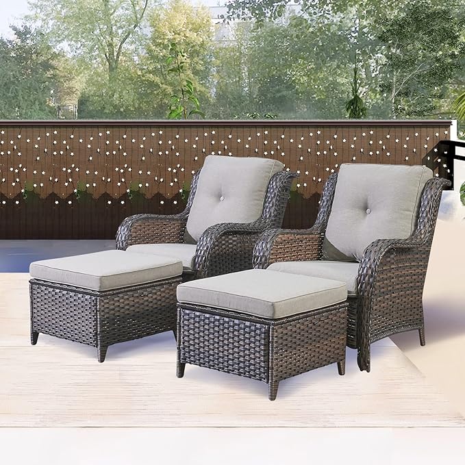 Rilyson Wicker Patio Furniture Set - 4 Piece Rattan Outdoor Sectional Conversation Sets with 2 Chairs and 2 Ottomans for Porch Deck Garden(Brown/Grey)