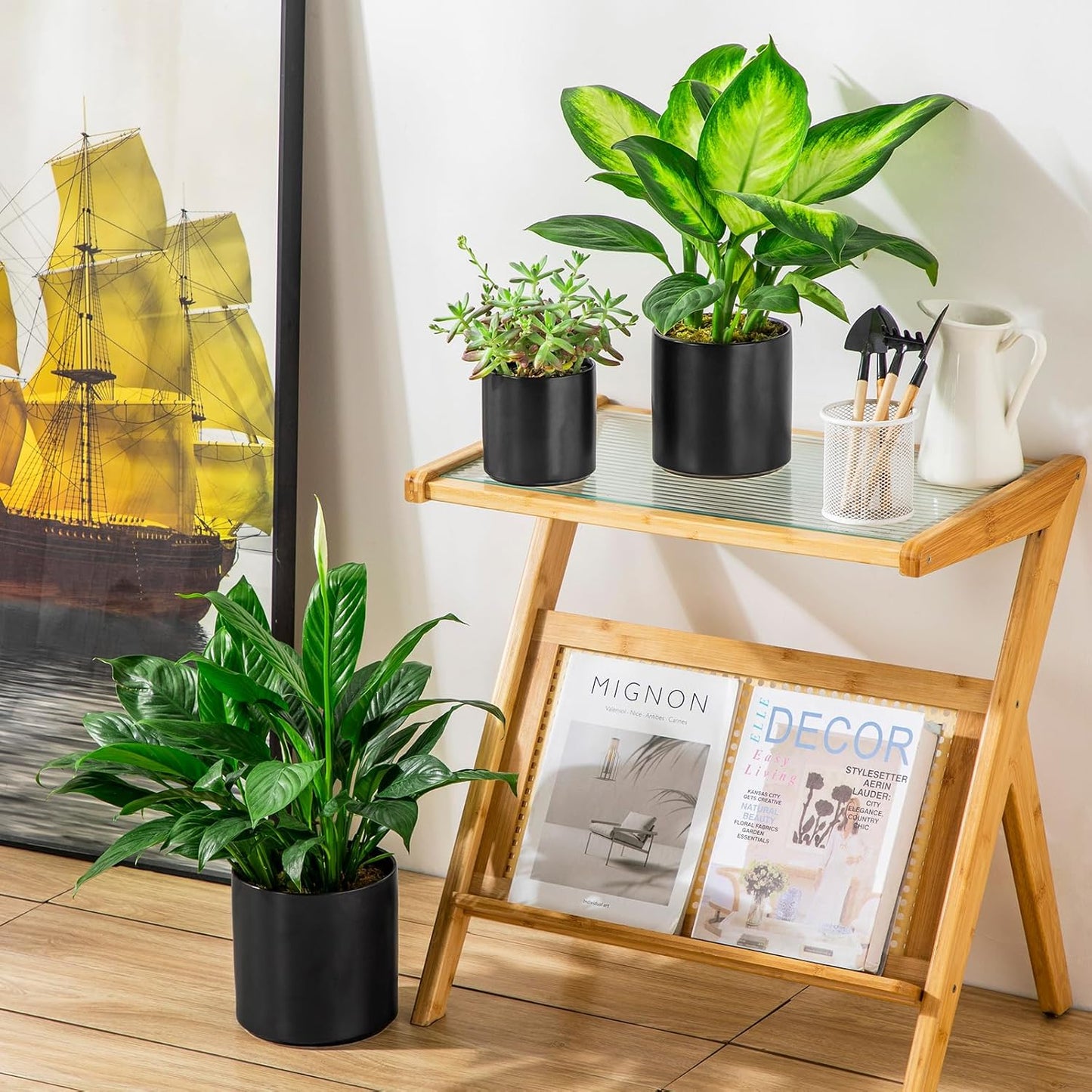 vancasso Ceramic Plant Pots, 4.25+5.25+6.25 Inch Planter Pot with Drainage Hole, Flower Pots for Indoor Outdoor Plants, Set of 3, Black