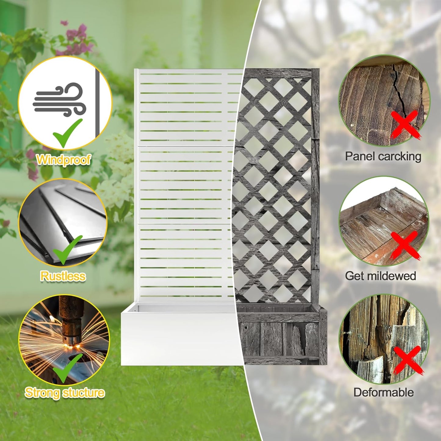 71"x47"x16" Metal Planter Box with Trellis Raised Garden Bed with Trellis, Trellis with Planter Box & Privacy Screen, Metal Planter Box for Climbing Plants, Vegetable, Vines(White, Louvered)