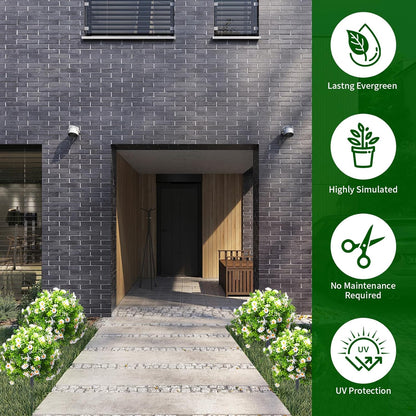 23.6" Artificial Boxwood Topiary Ball Trees with White Flowers, Set of 2 UV Resistant No Fade Outdoor Faux Plants with Ground Spike, Fake Shrubs for Garden, Patio, Porch, Yard, Indoor Decor