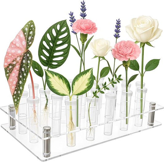 Plant Propagation Station, 24 Floral Tubes, Floral Arrangement Kit, Modern Acrylic Desktop Rack with Propagation Tubes for Hydroponics Rooting Cuttings, Bud Vase Holder, Plant Lover Gift