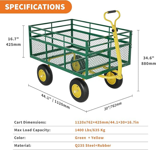 1400LB Capacity Garden Cart, 3-in-1 Heavy Duty Utility Wagon with 13" All-Terrain Tires, Removable Mesh Sides & 180° Swivel Handle - Outdoor Yard Cart for Gardening, Farming, Patio Use