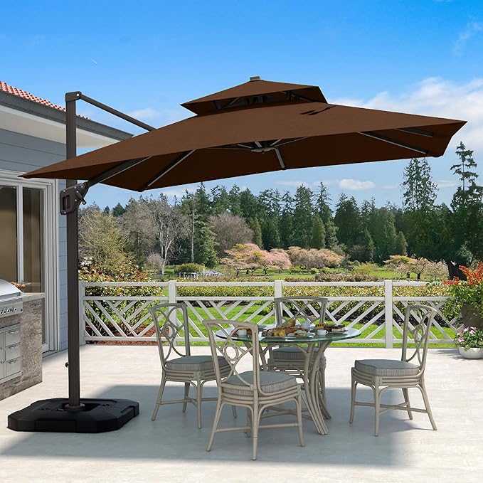 10' X 10' Cantilever Patio Umbrella Outdoor with Base Included Heavy Duty Double Top Windproof Square Offset Umbrellas with 360-degree Rotation for Pool Deck Backyard, Brown