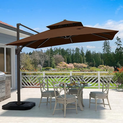 10' X 10' Cantilever Patio Umbrella Outdoor with Base Included Heavy Duty Double Top Windproof Square Offset Umbrellas with 360-degree Rotation for Pool Deck Backyard, Brown