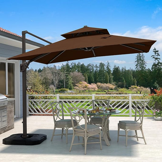 10' X 10' Cantilever Patio Umbrella Outdoor with Base Included Heavy Duty Double Top Windproof Square Offset Umbrellas with 360-degree Rotation for Pool Deck Backyard, Brown