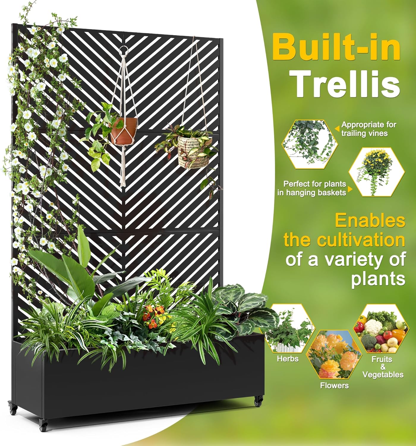 FENCY Metal Raised Garden Bed with Wheels and Trellis,73"x47"x16" Planter Box for Climbing Plants, Vegetables & Vines, Features Privacy Screen and Drainage Holes (Black-Arrow)