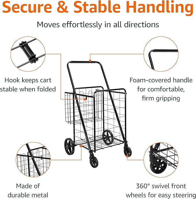 Amazon Basics Foldable Shopping Utility Cart with 360-Degree Wheels, Easy Assembly, Black, X-Large