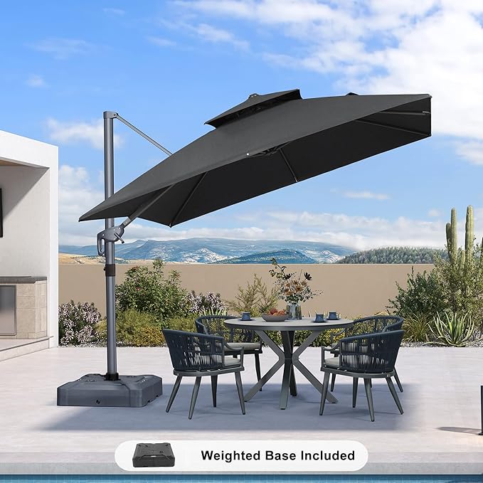 PURPLE LEAF 10 FT Cantilever Patio Umbrella Outdoor Umbrella with 220lbs Base Large Square Windproof Offset Umbrella for Pool Deck Garden, Graphite Grey