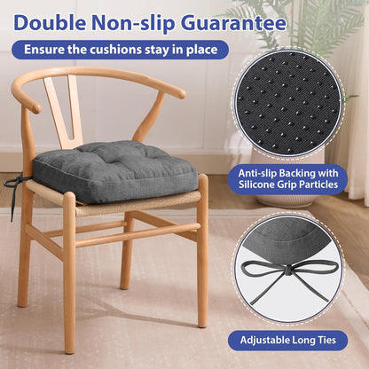 Chair Cushions for Dining Chairs, Dining Chair Cushions, Tufted Indoor Chair Pads with Ties & Non Slip Backing, Seat Cushions for Kitchen Chairs 16.5” x 16.5” x 3.5”, Set of 6, Grey