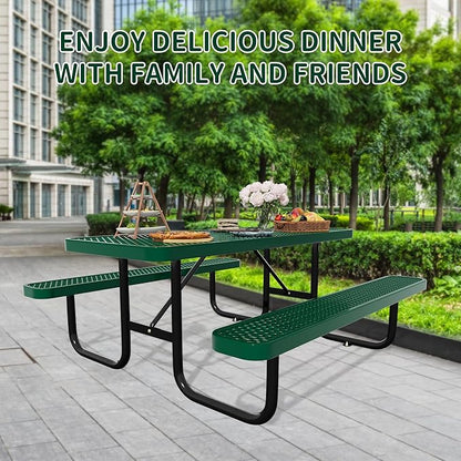 72'' Rectangular Steel Picnic Table for Outdoors,Commercial Metal Picnic Table Bench Set with Umbrella Hole,School Canteen Table W/Seats - Heavy Duty Sturdy Picnic Tables Furniture for Patio Garden