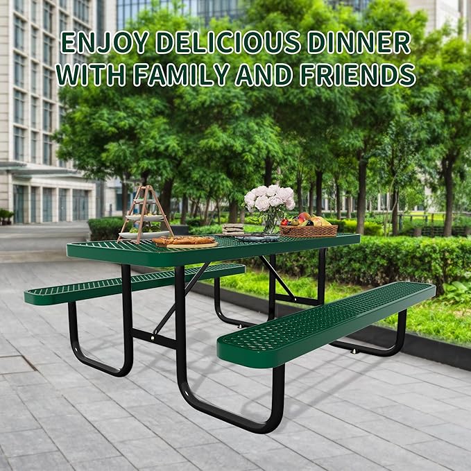 48'' Rectangular Steel Picnic Table for Outdoors,Commercial Metal Picnic Table Bench Set with Umbrella Hole,School Canteen Table W/Seats - Heavy Duty Sturdy Picnic Tables Furniture for Patio Garden