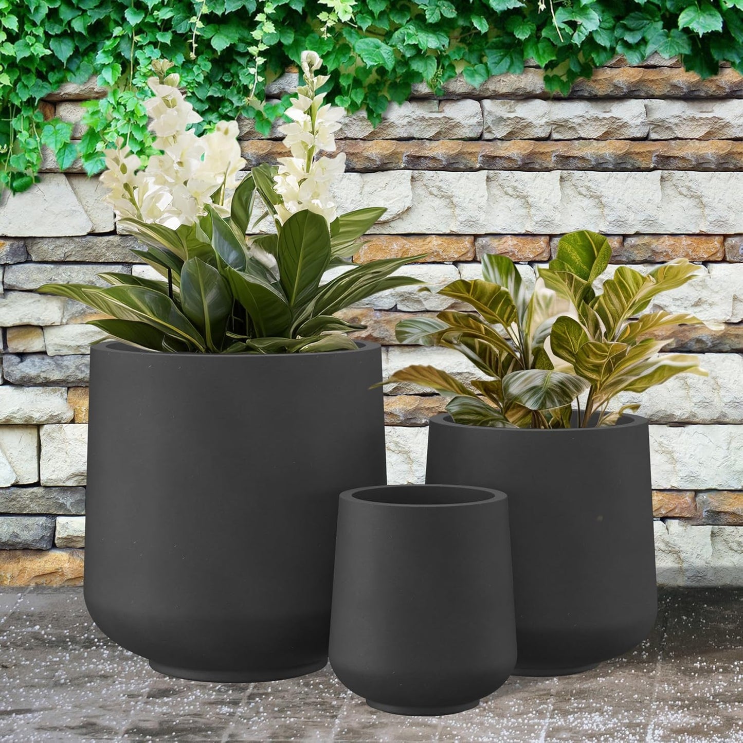Kante 15.3"+11.6"+8.2" Dia Round Concrete Planter, Large Outdoor Indoor Planter Pots with Drainage Holes and Rubber Plug for Home Garden Patio, Black