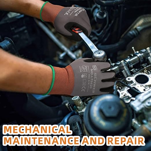 Schwer 12 Pairs Safety Work Gloves with Sandy Nitrile Coating , A1 Cut Resistant Heavy Duty Working Gloves with Grip for Men and Women, Ideal for General Use, Mechanic, Construction, Gardening, L