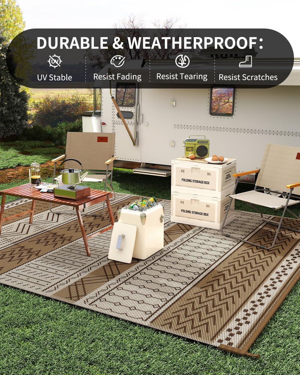 Outdoor Rug Carpet Waterproof 5x8 ft Patio Rug Mat Indoor Outdoor Area Rug for RV Camping Picnic Reversible Lightweight Plastic Straw Outside Rug for Patio Decor Decoration Boho Rug Brown Beige