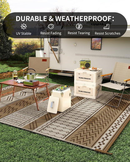Outdoor Rug Carpet Waterproof 8x10 ft Patio Rug Mat Indoor Outdoor Area Rug for RV Camping Picnic Reversible Lightweight Plastic Straw Outside Rug for Patio Decor Decoration Boho Rug Brown Beige
