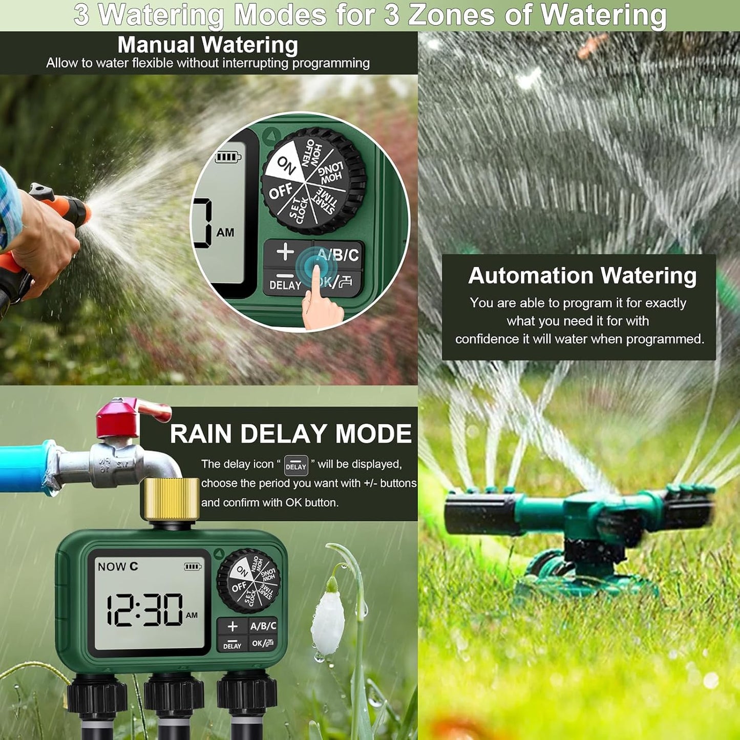 3 Outlet Sprinkler Timer Brass, Programmable Garden Hose Timer with Rain Delay, Manual& Automatic Watering System, Waterproof Gardening Supplies Irrigation Controller for 3 Separate Water Zones