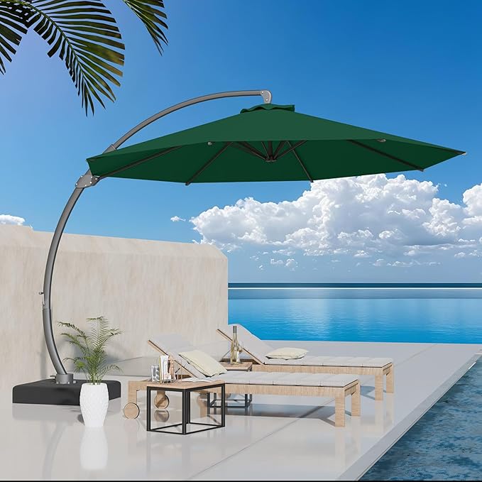Kingdura 11ft Cantilever Patio Umbrella with Base Included, Large Round Offset Outdoor Pool Umbrella, 360° Rotation & Infinite Tilt, Heavy Duty Aluminum Frame for Deck Backyard, Dark Green