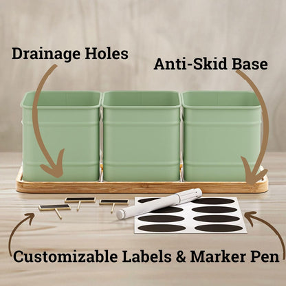 Herb Planter Indoor - 3 Iron Herb Pots with Drainage Holes, Varnished Bamboo Tray, Customizable Labels & Marker Pen - Indoor Herb Garden Planter - 3 Pots for Herbs - Inside Spice Garden - Basil Pot