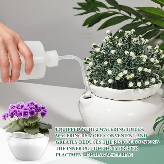 2 Set 7.5 Inches African Violet Pots Self Watering White Ceramic Pot for Indoor Plants, Flowerpot with Highly Absorbent Inner Pot for Busy Plant Lovers, Plant Care