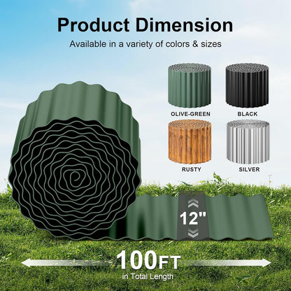 Land Guard Corrugated Metal Garden Edging, 12"×100Ft Steel Landscape Edging, Corrugated Metal Yard Edging Borders, Steel Edging for Landscaping, Garden Fence, Lawn, Flower Bed (Olive-Green)