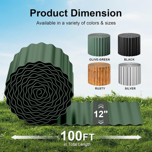Land Guard Corrugated Metal Garden Edging, 12"×100Ft Steel Landscape Edging, Corrugated Metal Yard Edging Borders, Steel Edging for Landscaping, Garden Fence, Lawn, Flower Bed (Olive-Green)