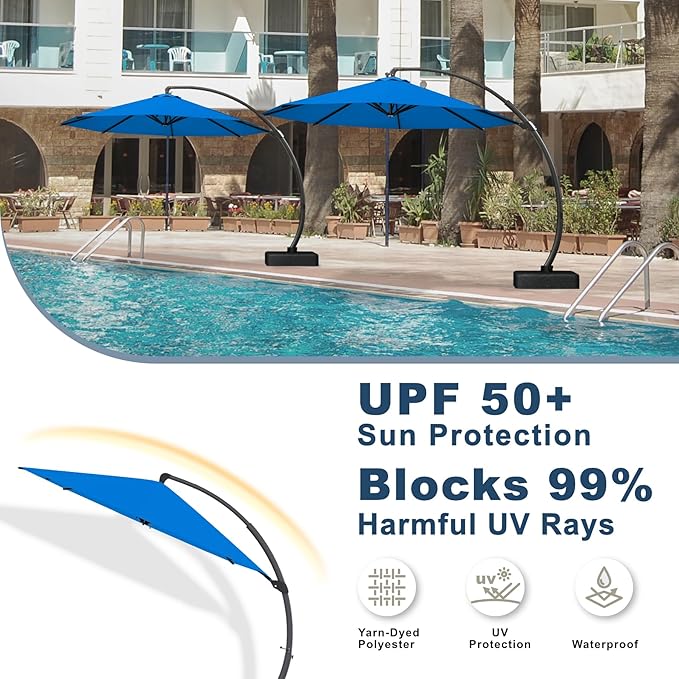 12FT Cantilever Umbrella with Base Large Curvy Outdoor Aluminum Offset Umbrella w/ 360° Rotation, UV Resistant Canopy for Patio, Garden, Backyard, Royal Blue