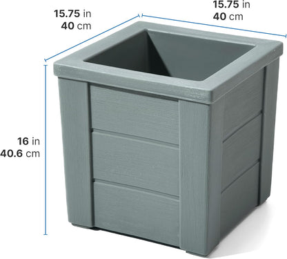 Step2 Lakewood Square Planter, Large Planters for Outdoor Plants, Gardening and Flower Pot for Patio or Porch, Efficient Drainage, Durable Plastic, Sage Gray, 2-Pack