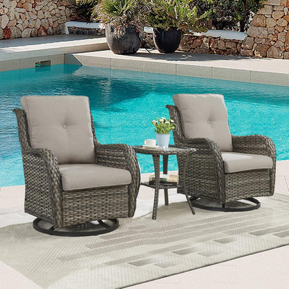 Outdoor Patio Swivel Rocker Chairs - 3 Piece Patio Bistro Set,Wicker Patio Furniture Set with 2 Swivel Rocking Chairs and 1 Glass Top Side Table for Deck Porch Garden,Mixed Grey/Grey