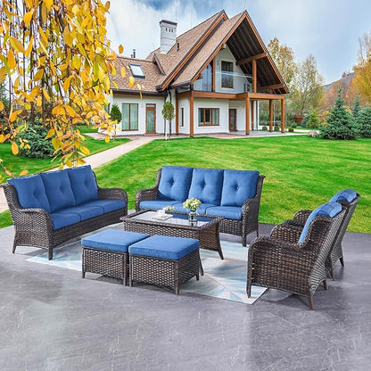 Rilyson Wicker Patio Furniture Sofa Set - 7 Piece Rattan Outdoor Patio Sectional Conversation Sets with 2 Sofa,2 Armrest Chairs,1 Coffee Table and 2 Ottomans for Porch Deck Garden(Brown/Blue)