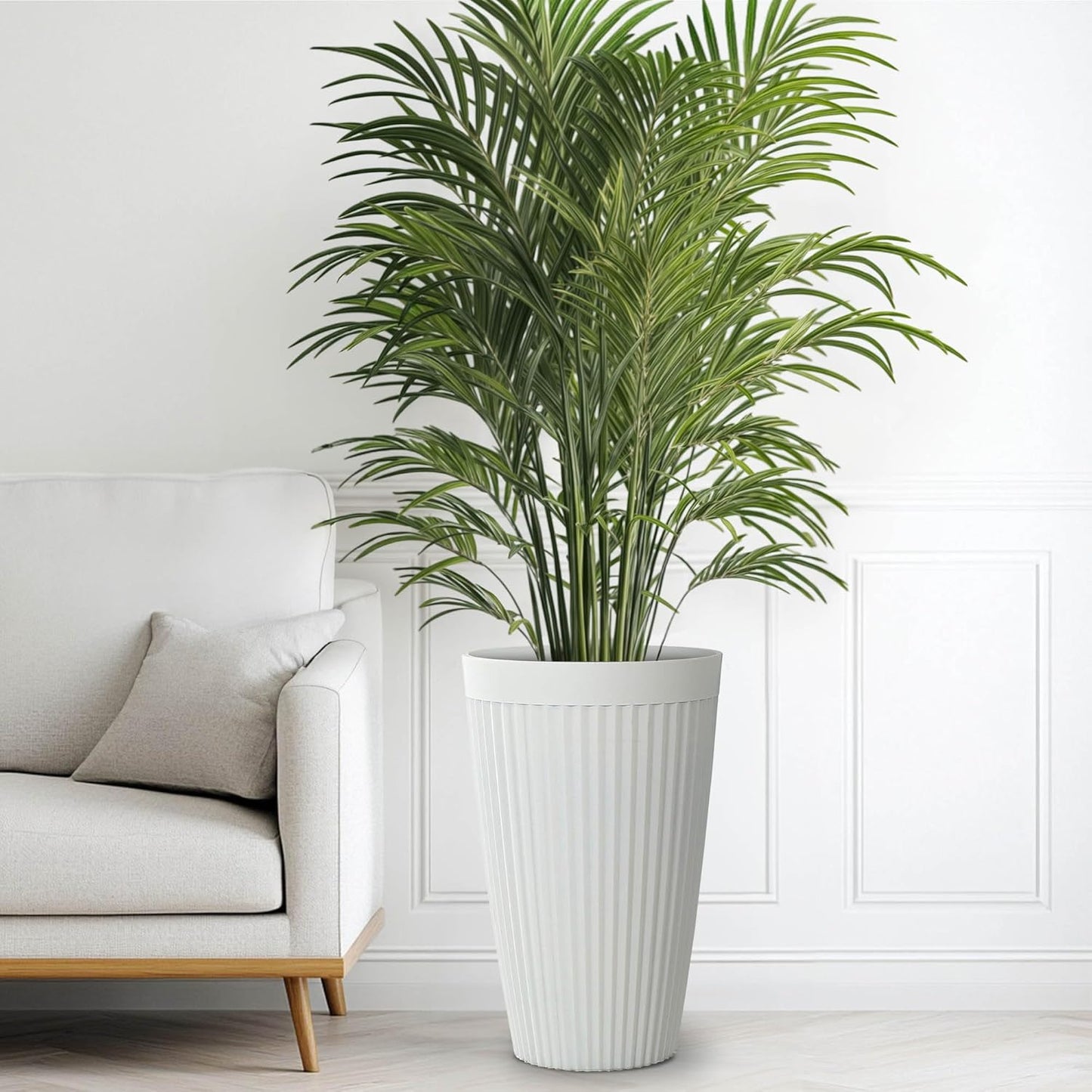 20" Resin Tall Planters for Outdoor Plants,Set of 2 Matt White Large Flower Pots with Handmade Fluted Texture,Heavy-Duty and Weather-Resistant for Year Round Indoor Outdoor use