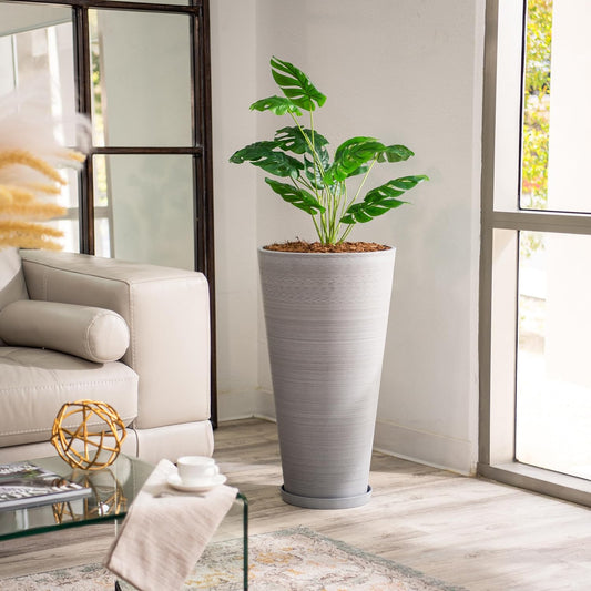 XBrand Modern 28-Inch Tall Round Planter, Modern Tapered Planter Perfect for Indoor & Outdoor Planter, Patio Décor, Gray