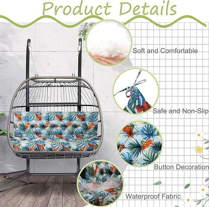 Swing Replacement Cushions with Backrest, 2 or 3 Seater Waterproof Non-Slip Overstuffed Swing Pad, Indoor/Outdoor Bench Cushion for Porch Chair Swings Garden Furniture (Summer, 40 * 60 in)