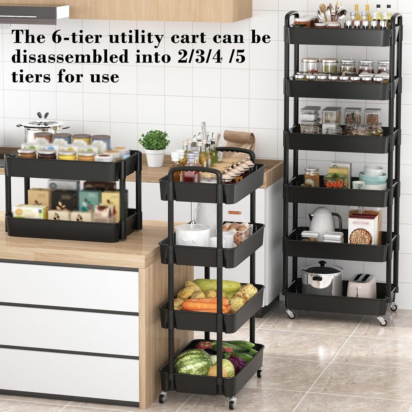 Sywhitta 6-Tier Plastic Rolling Utility Cart with Handle, Multi-Functional Storage Trolley for Office, Living Room, Kitchen, Movable Storage Organizer with Wheels, Black
