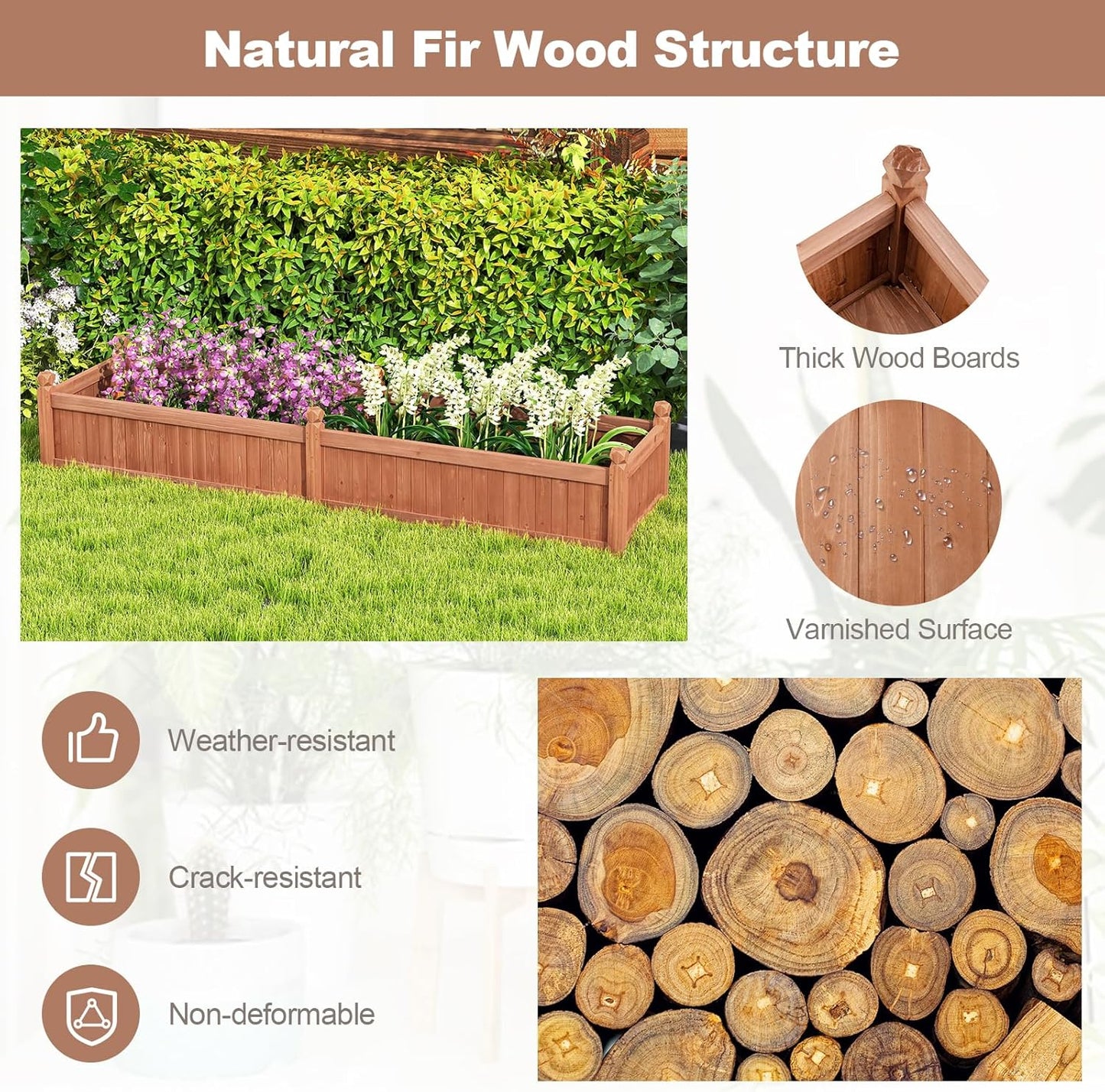 Giantex Wood Raised Garden Bed, Planting Bed with Corner Drainage, Non-Woven Liner for Growing Vegetables, Flowers, Herbs, Fruits, 89”x23.5”x16” Divisible Planter Box for Backyard, Garden, Lawn