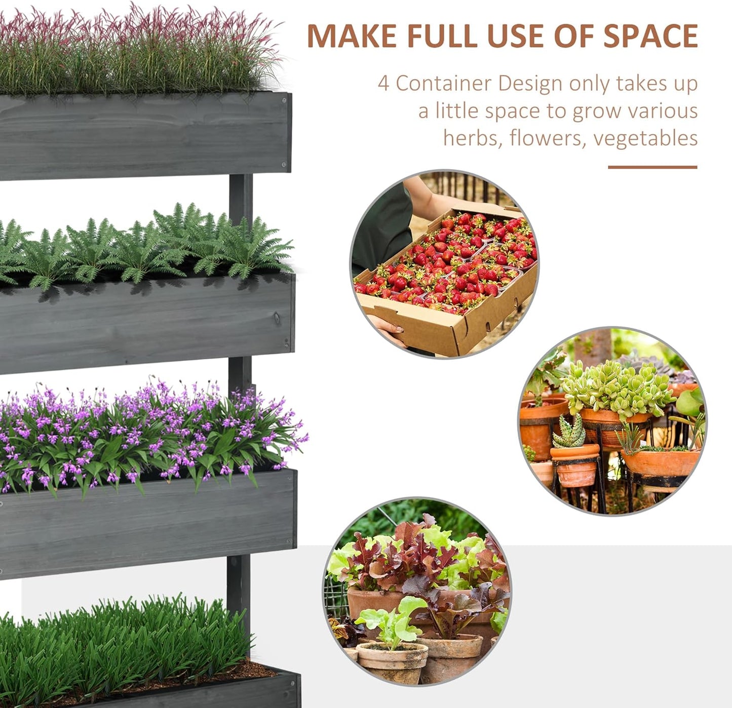Vertical Garden Planter, Wooden 4 Tier Planter Box, Self-Draining with Non-Woven Fabric for Outdoor Flowers, Vegetables and Herbs, Gray