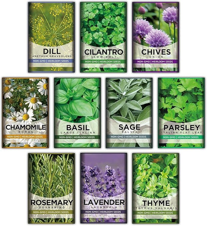 10 Kit Non-GMO Growing into Thyme, Lavender, Chamomile, Dill, Chives, Cilantro, Rosemary, Basil, Parsley, Sage Indoor/Outdoor for Kitchen Windowsill Gardening Gift