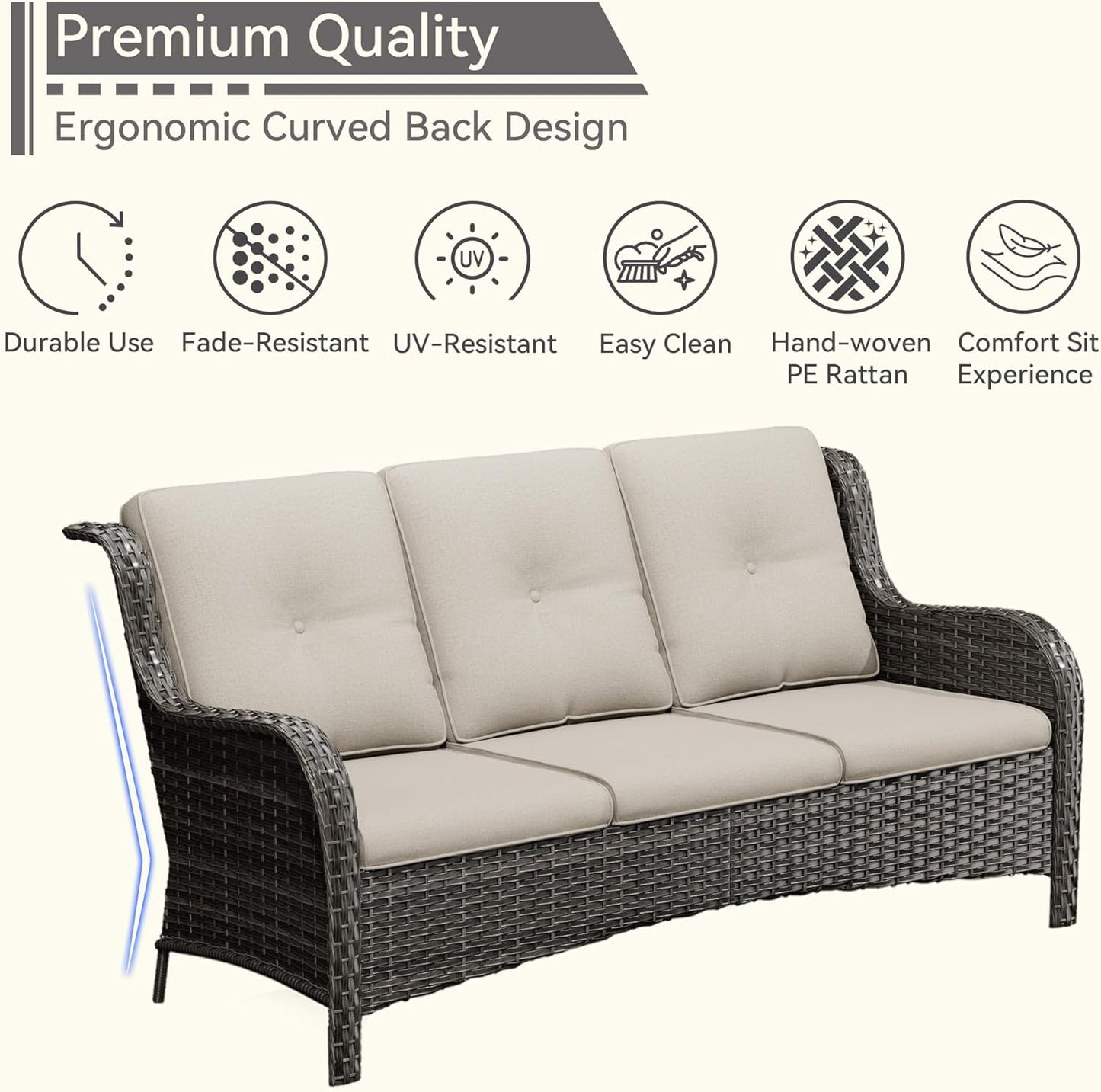 Patio Conversation Set 5-PCS Wicker Outdoor Furniture Conversation Set with 3-Seat Sofa, 2 Armchair, 2 Ottoman Patio Rattan Wicker Sectional Sofa Set with Olefin Cushion, Beige