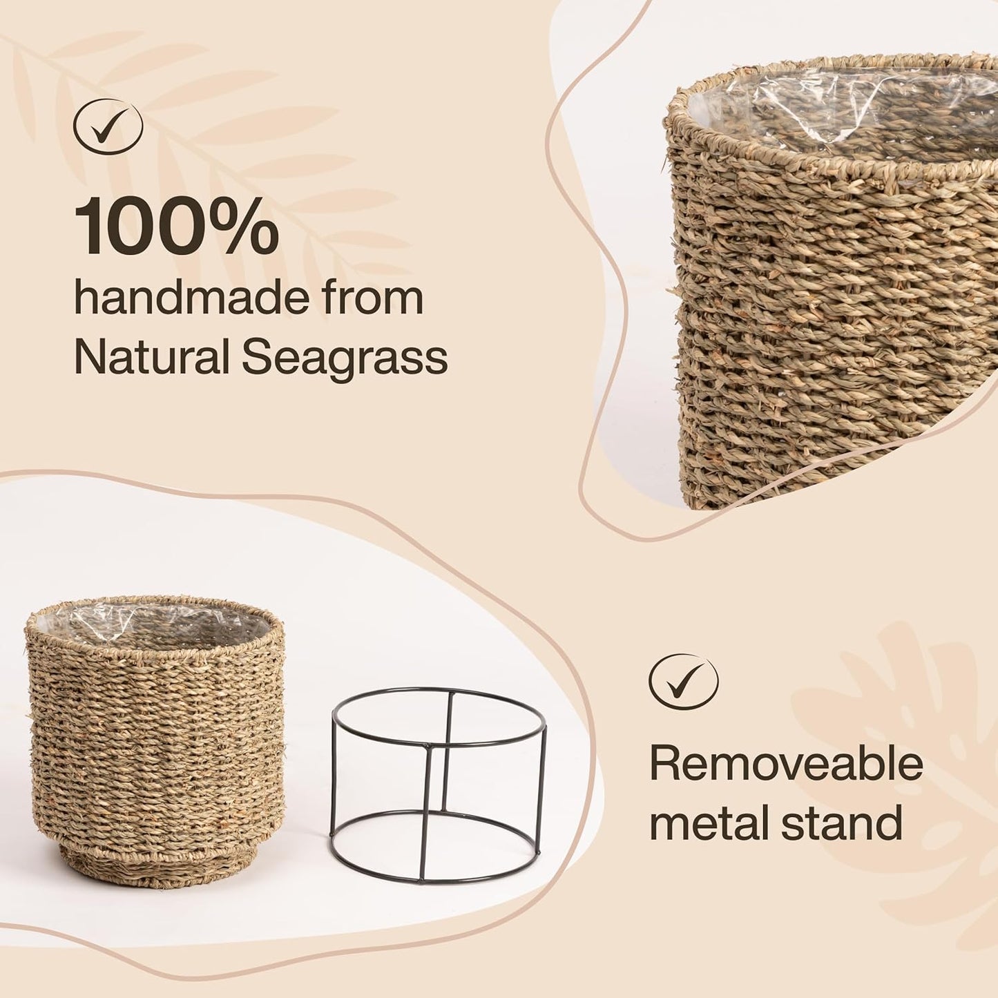 Set of 2 Water Hyacinth Planter Pot with Metal Stand - Indoor Plant, Flower, Succulent, Basket, Decorative Pot Cover (Seagrass)