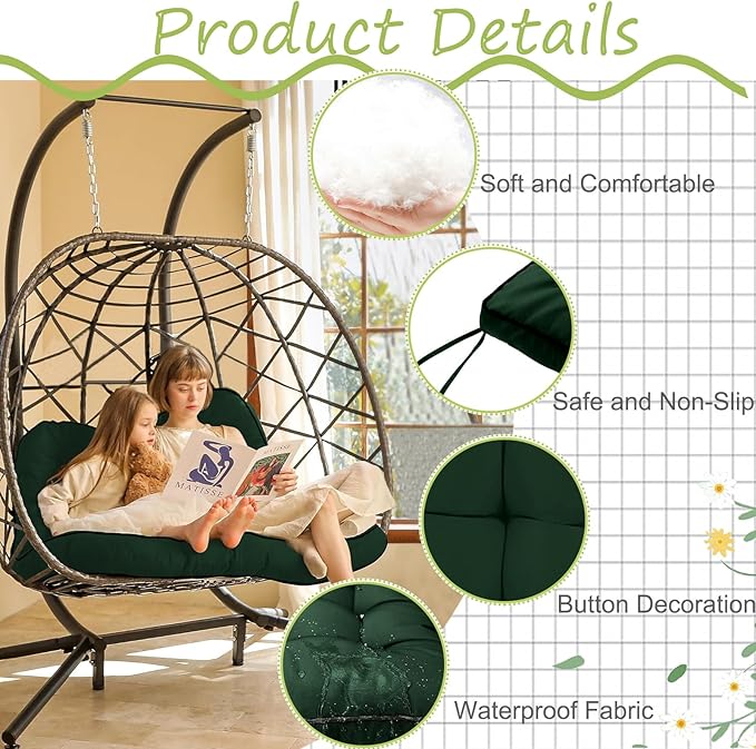 Swing Replacement Cushions with Backrest, 2 or 3 Seater Waterproof Non-Slip Overstuffed Swing Pad, Indoor/Outdoor Bench Cushion for Porch Chair Swings Garden Furniture (Dark green, 40 * 55 in)