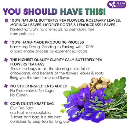 FreshDrinkUS, Clarity Calm Butterfly Pea Flower Tea – 60 Tea Bags Herbal Blend of Butterfly Pea Flower, Rosemary, Moringa, Lemongrass & Licorice Root – Caffeine-Free. Sugar-Free. Gluten-Free. Vegan