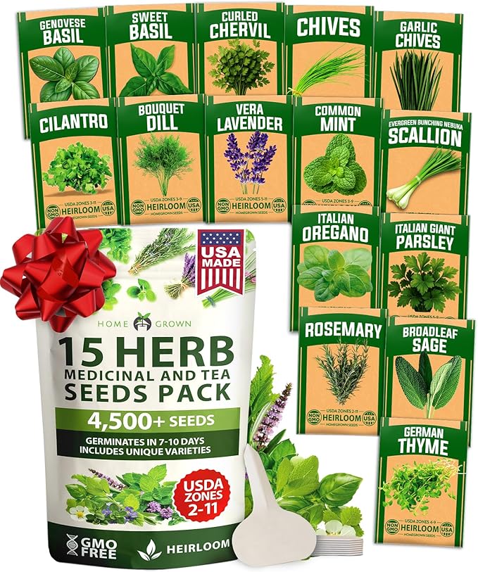HOME GROWN 15 Herb Seeds for Planting 4,500+ Non-GMO Heirloom Seeds | Extra Large Variety Pack Herb Kit – Indoor Outdoor & Hydroponic | Culinary Seed Set | Grow Your Own Herbs | Gardening Gift