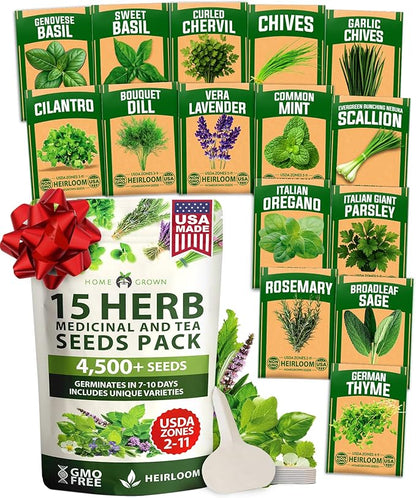 HOME GROWN 15 Herb Seeds for Planting 4,500+ Non-GMO Heirloom Seeds | Extra Large Variety Pack Herb Kit – Indoor Outdoor & Hydroponic | Culinary Seed Set | Grow Your Own Herbs | Gardening Gift