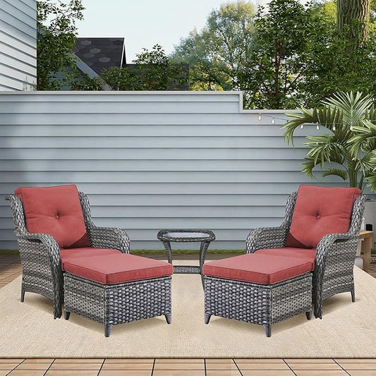 Rilyson Outdoor Patio Furniture Chairs Set - 5 Piece Wicker Rattan Patio Sectional Conversation Sets with 2 Armrest Chairs,2 Ottomans and Side Table for Porch Deck Balcony Garden(Mixed Grey/Red)